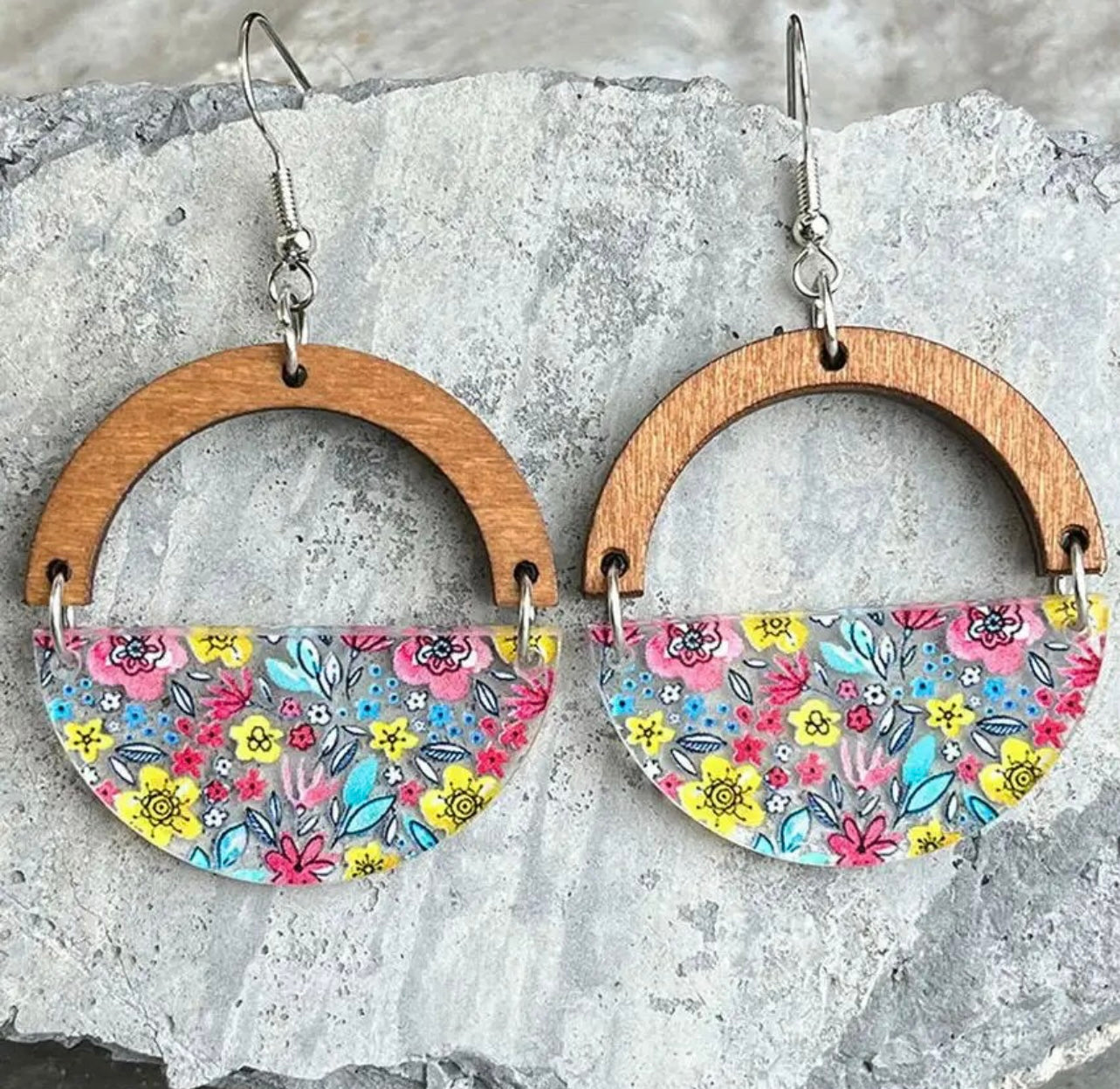 Beautiful Acrylic and Wood Floral Earrings