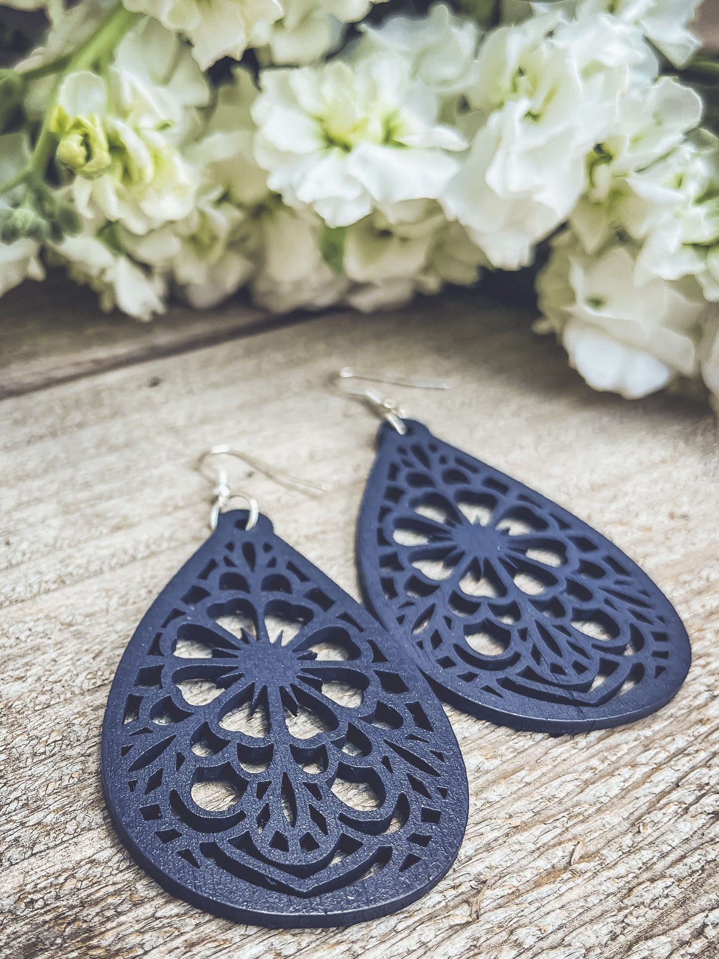 Beautiful Blue Laser Cut Wood Floral Earrings