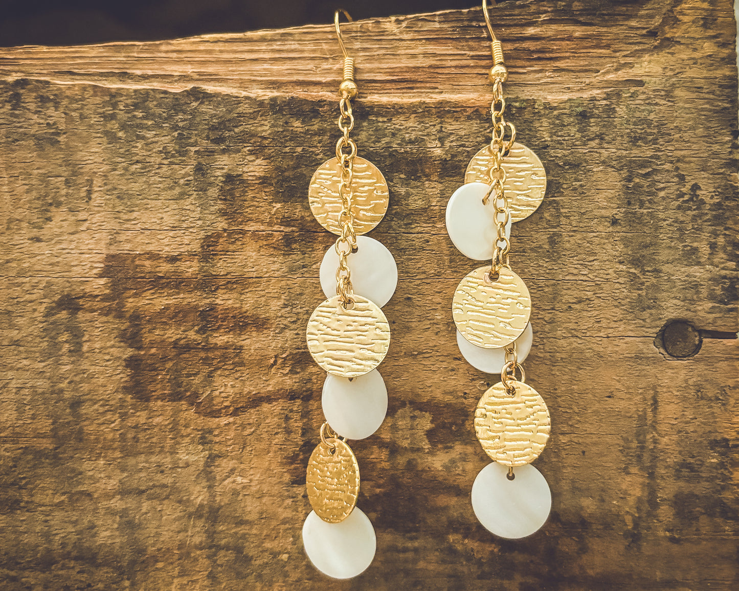 Beautiful Gold and White Disc Drop Earrings