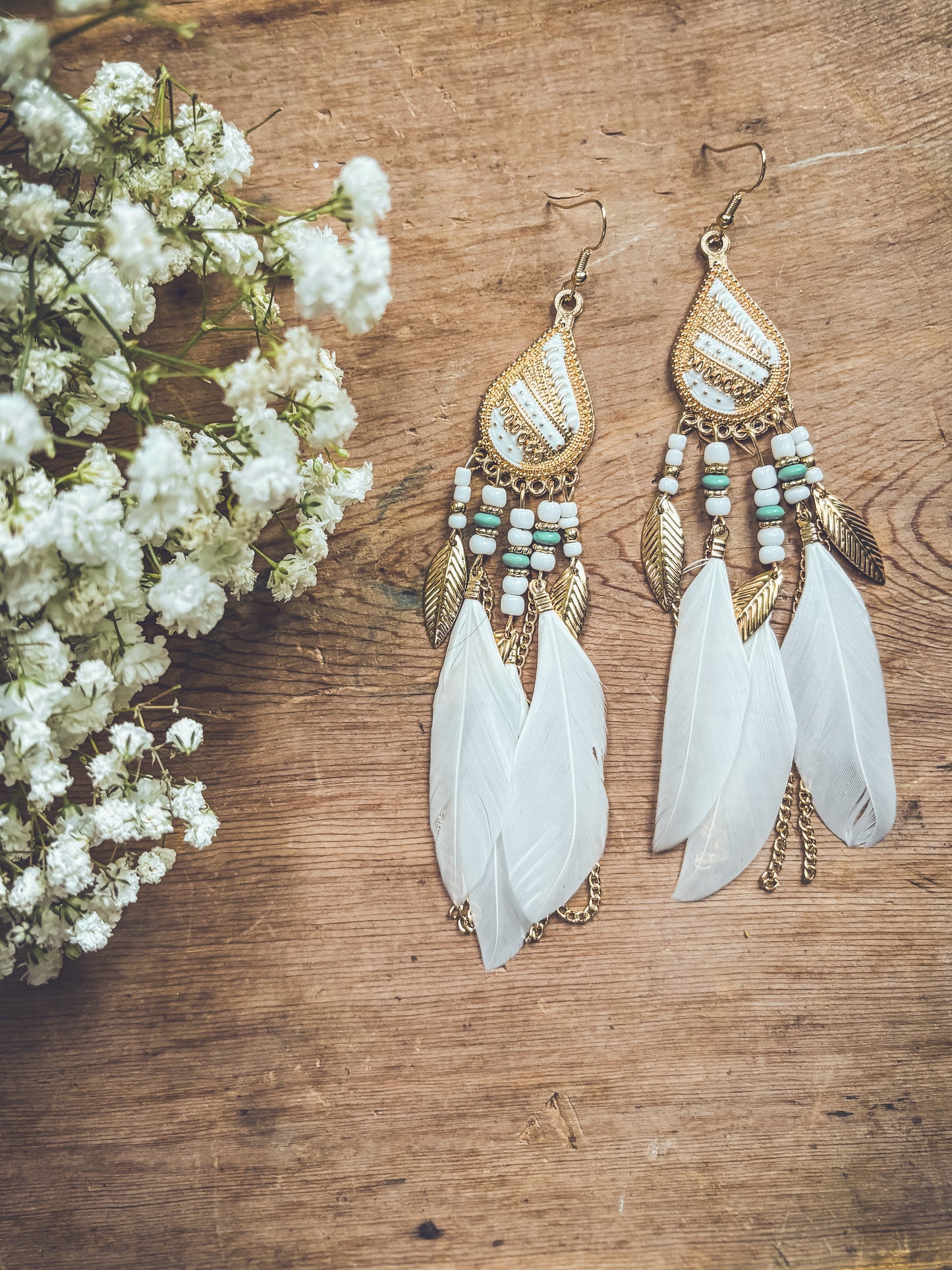 Beautiful White Boho Feather Earrings