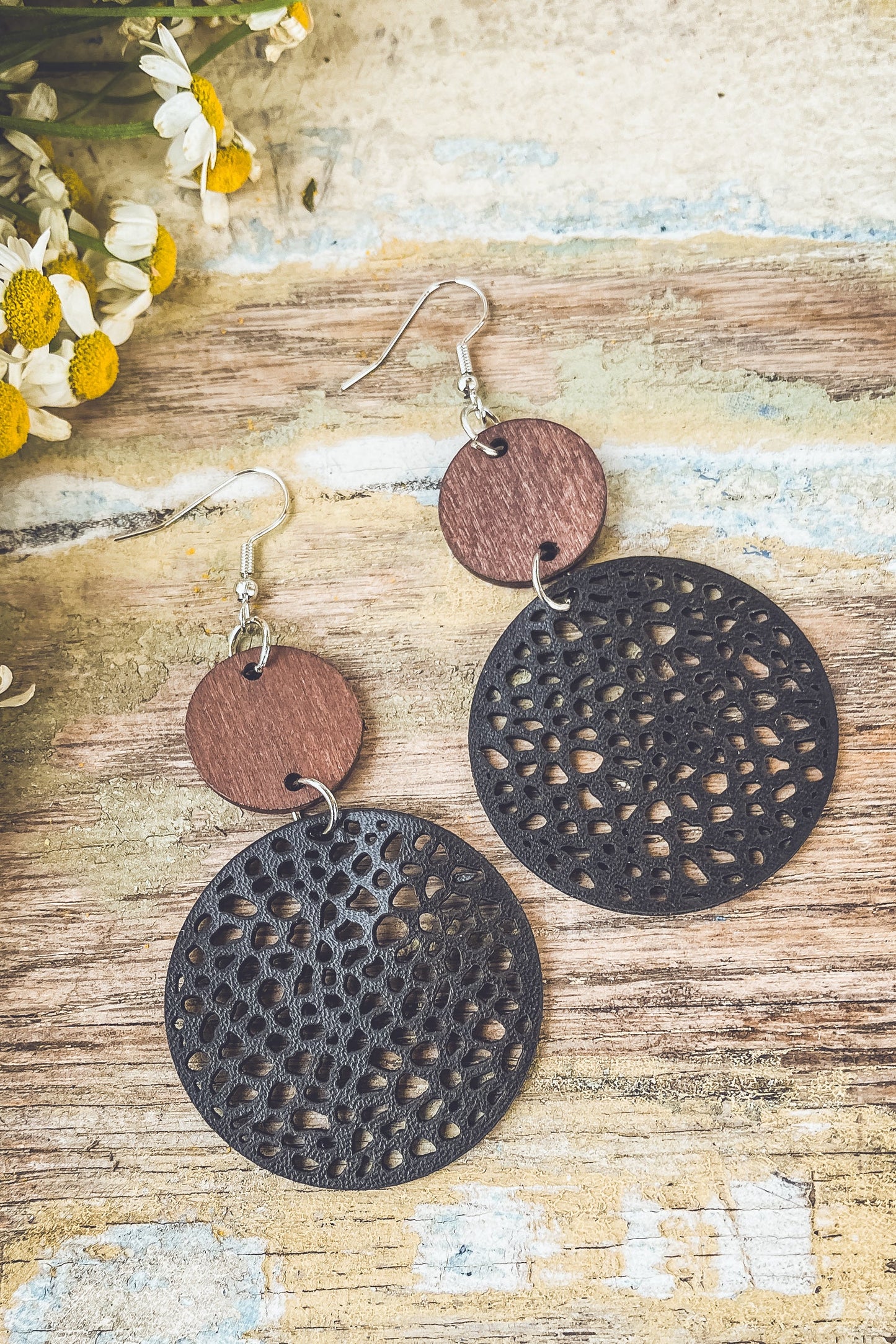 Beautiful Black Leather and Wood Earrings