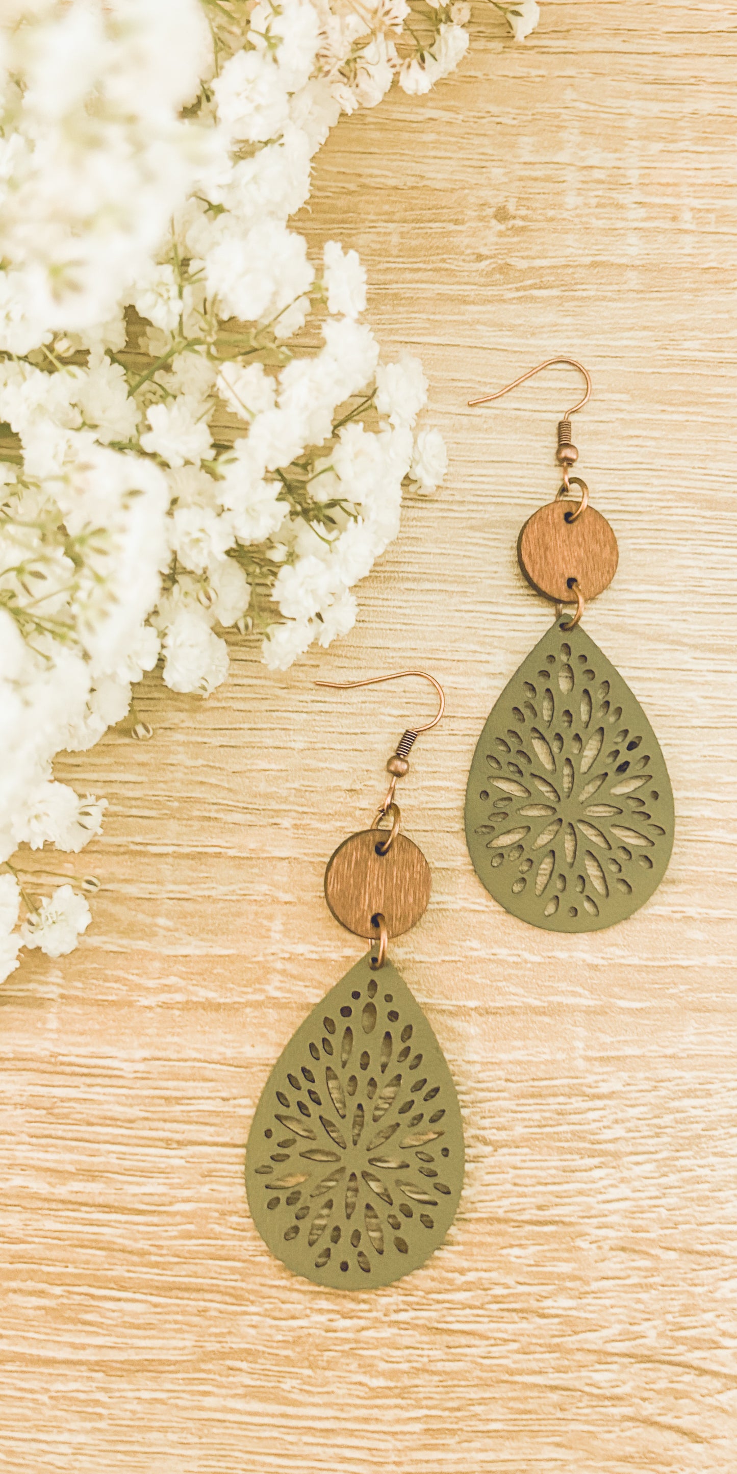 Beautiful Green Leather and Wood Earrings