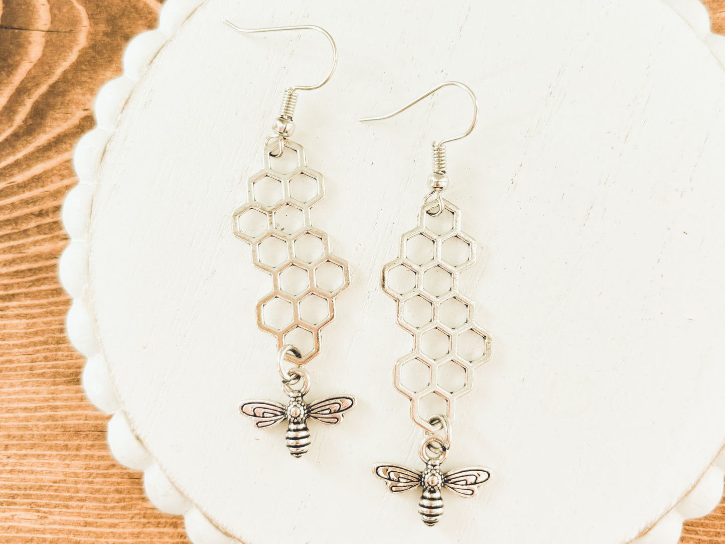 Gold or Silver Honeybee Honeycomb Earrings