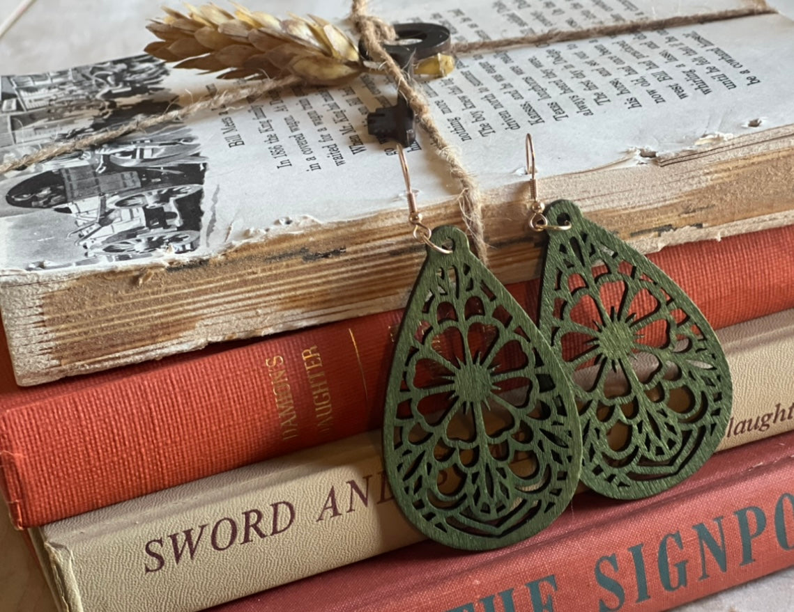 Beautiful Green Laser Cut Wood Floral Earrings