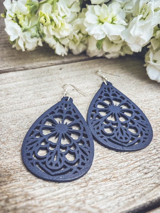 Beautiful Blue Laser Cut Wood Floral Earrings