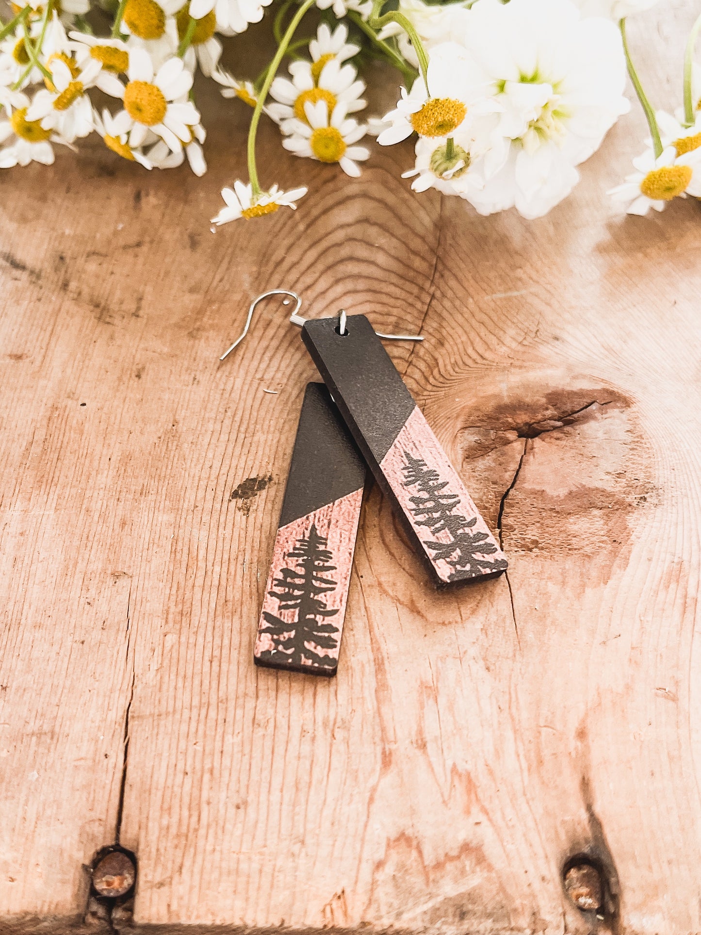 Beautiful Black and Wood Tree Earrings