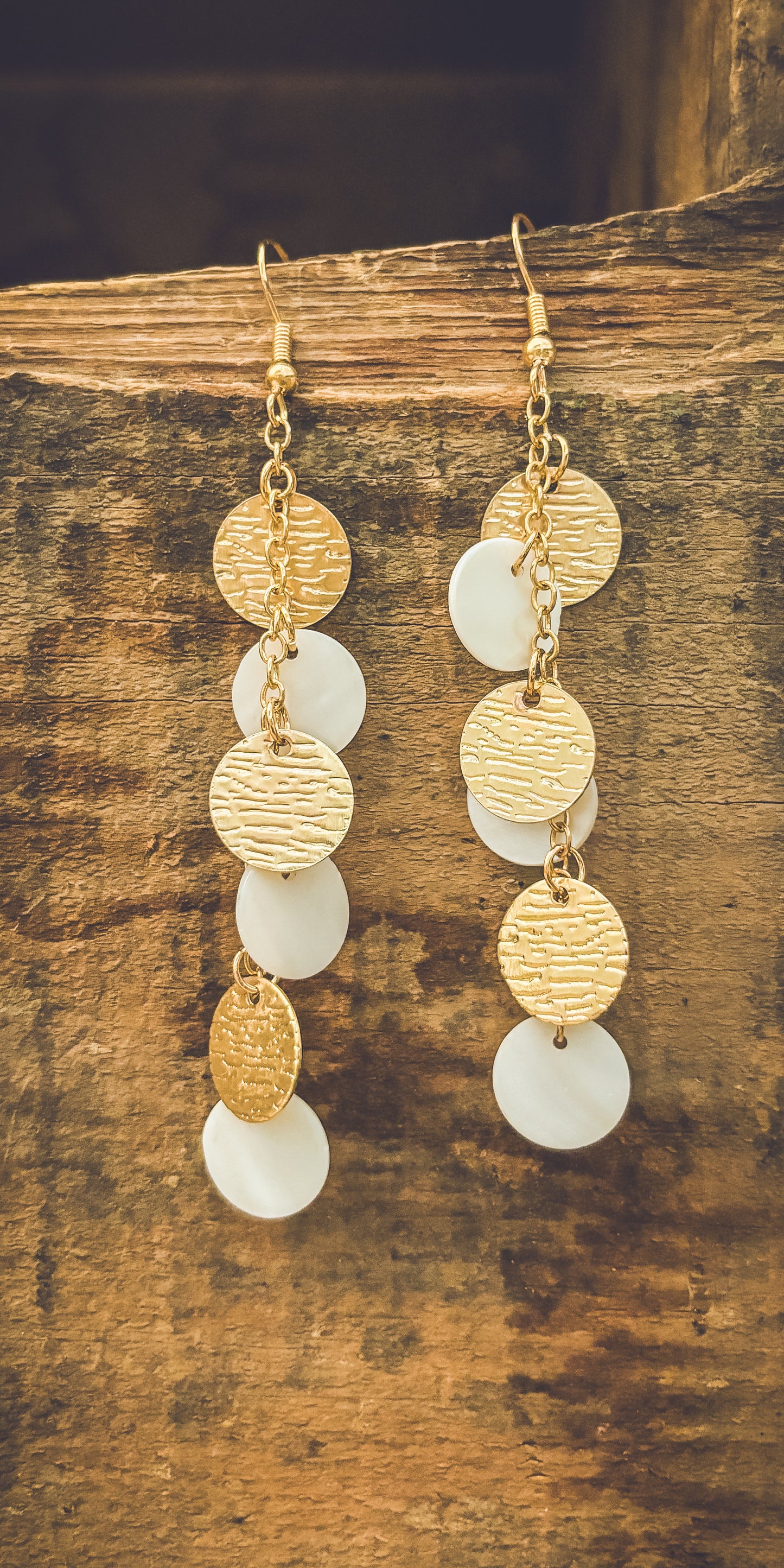 Beautiful Gold and White Disc Drop Earrings