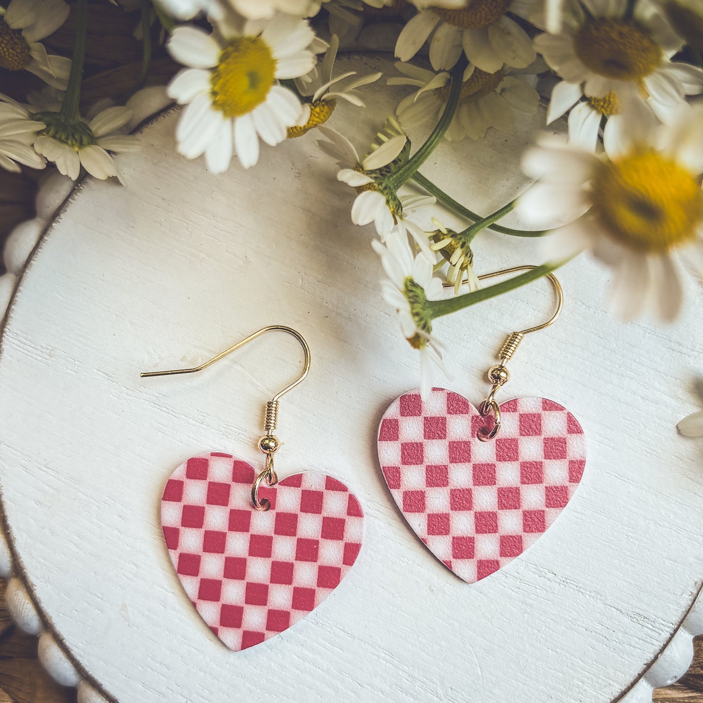 Adorable Red Checkered Heart Earrings