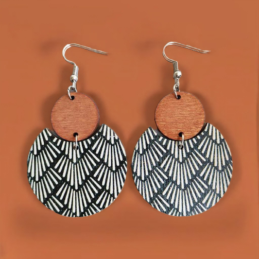 Beautiful Black and White Wood Circle Earrings