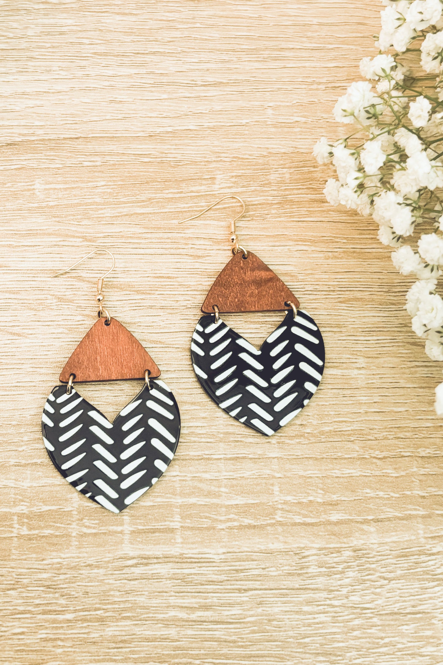 Beautiful Wood and Black and White Geometric Drop Earrings