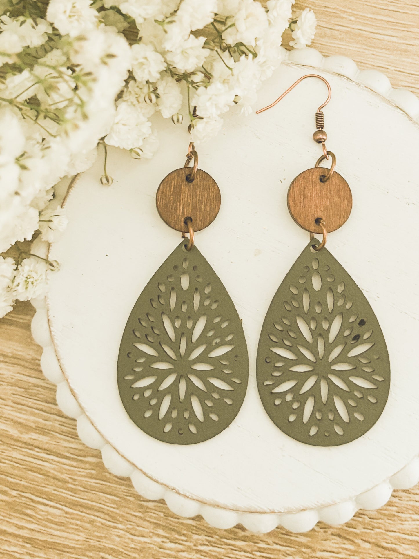 Beautiful Green Leather and Wood Earrings