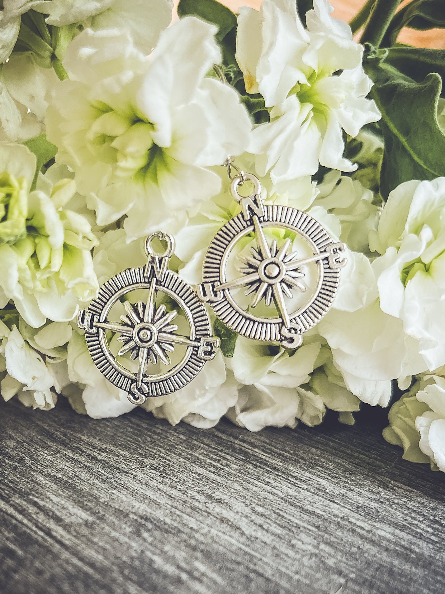 Beautiful Antique Finish Compass Earrings in Gold or Silver