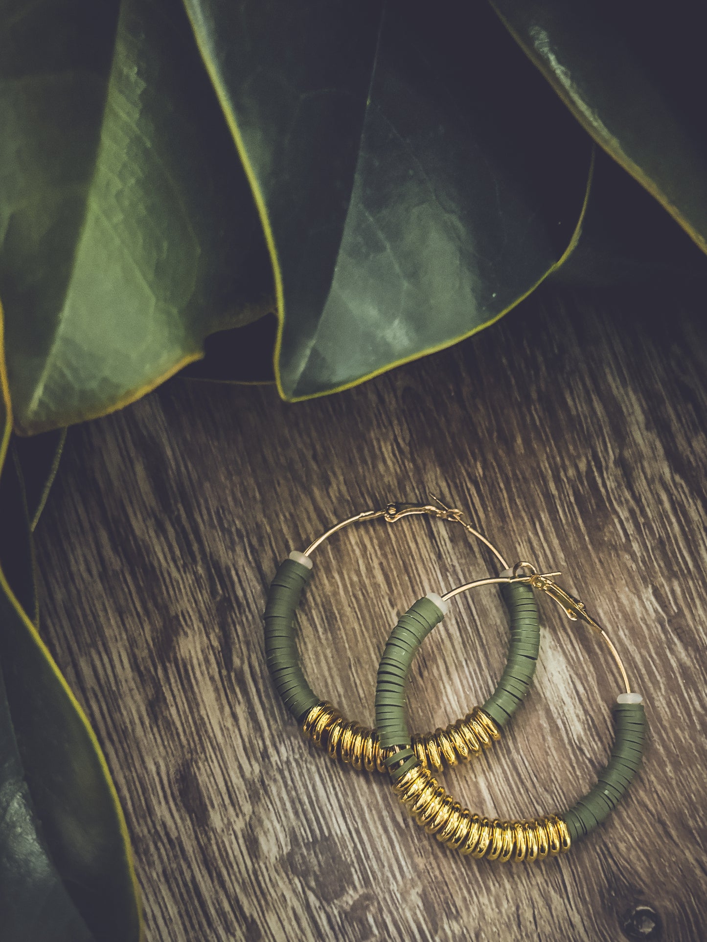 Beautiful Green and Gold Clay Hoops