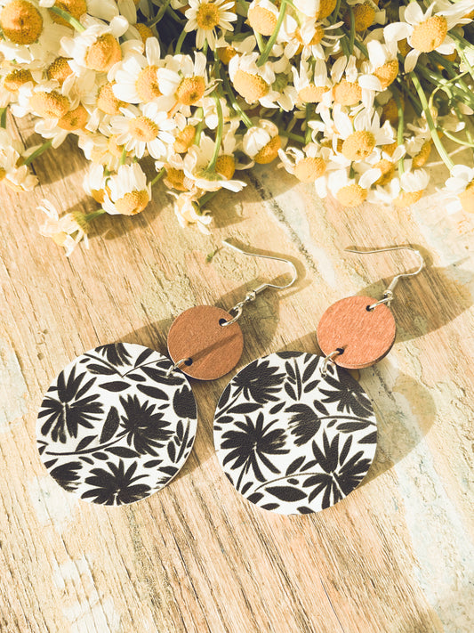 Beautiful Black and White Floral Wood Circle Earrings