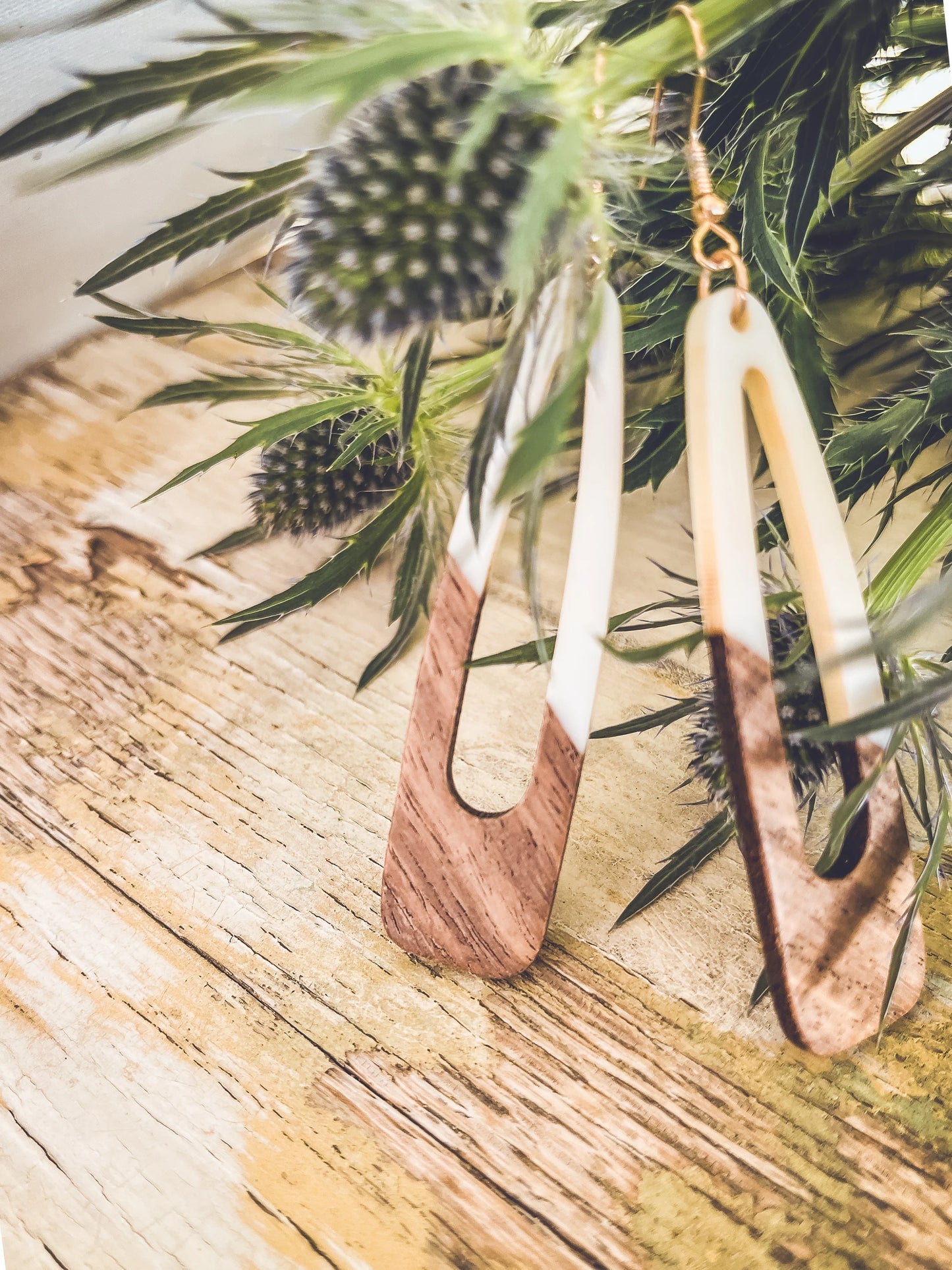 Beautiful White Wood and Resin Earrings