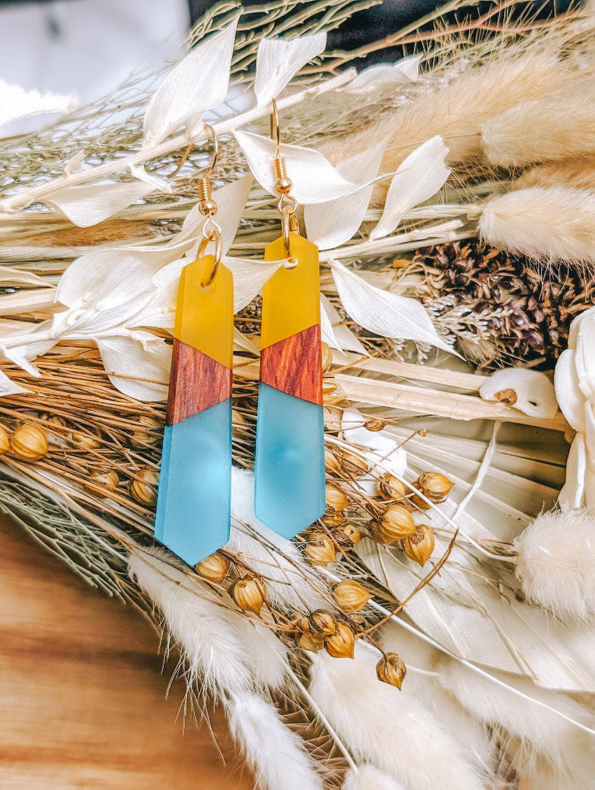 Beautiful Blue Turquoise Yellow and Wood Resin Earrings