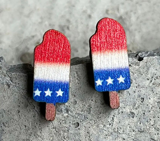 Beautiful Red, White, and Blue Wooden Rocket Pop Earrings