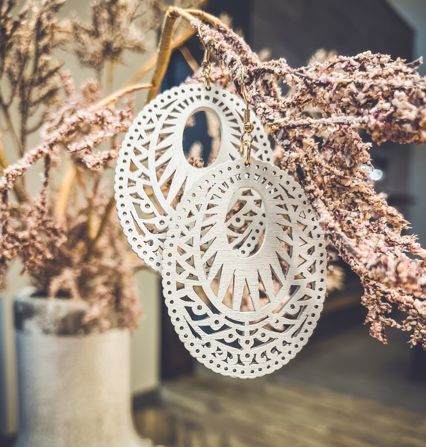 Beautiful White Wood Laser Cut Drop Earrings