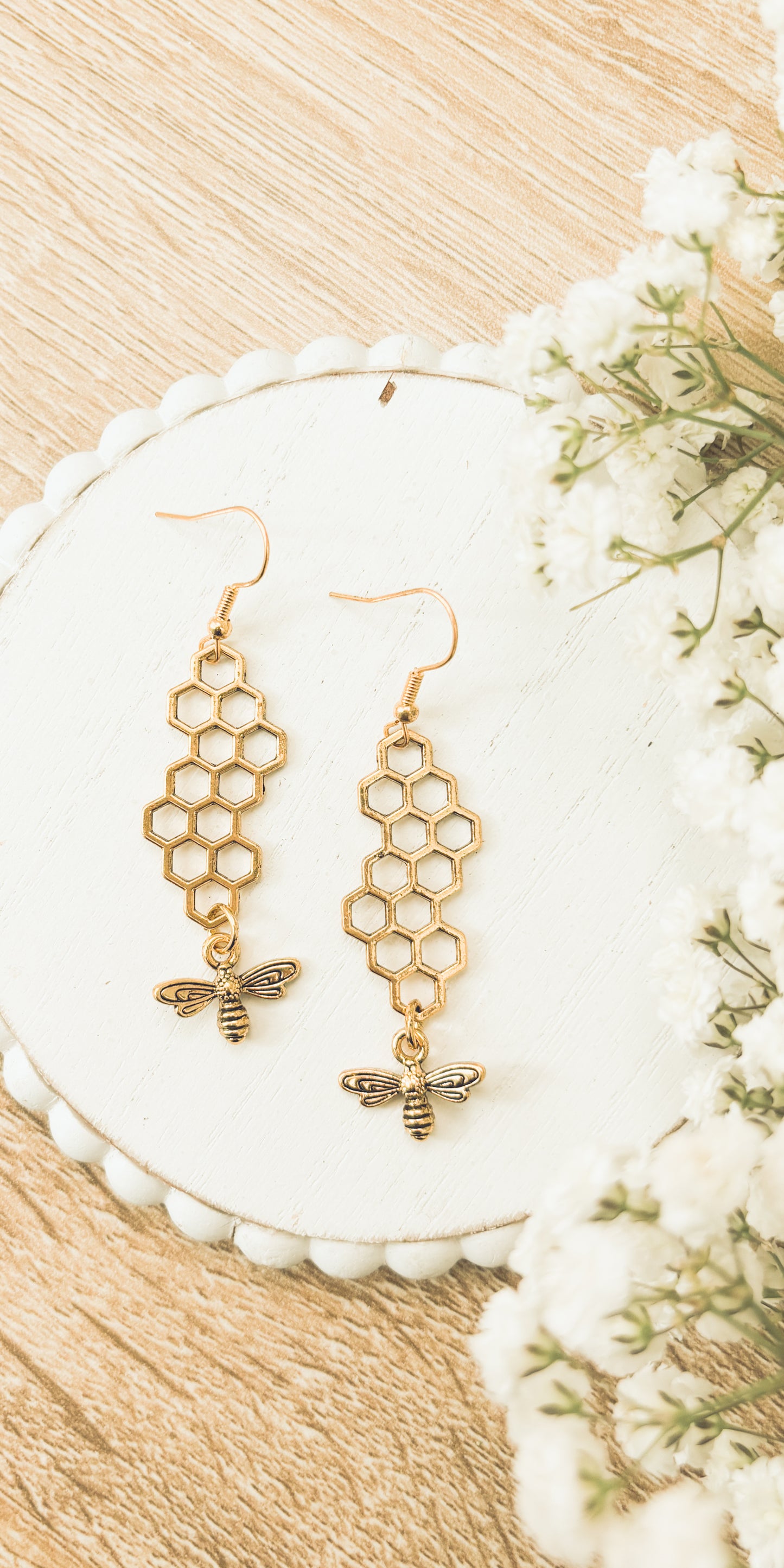 Gold or Silver Honeybee Honeycomb Earrings