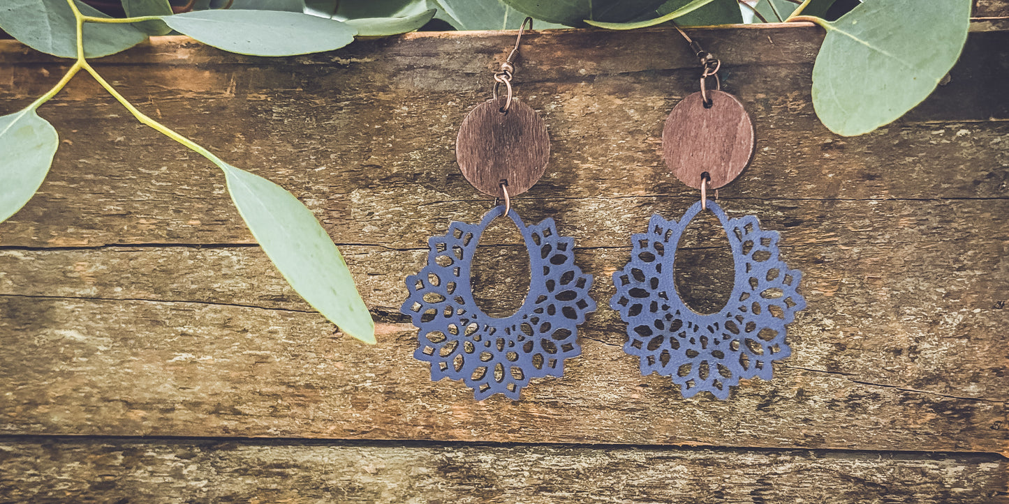 Beautiful Blue Wood and Leather  Earrings