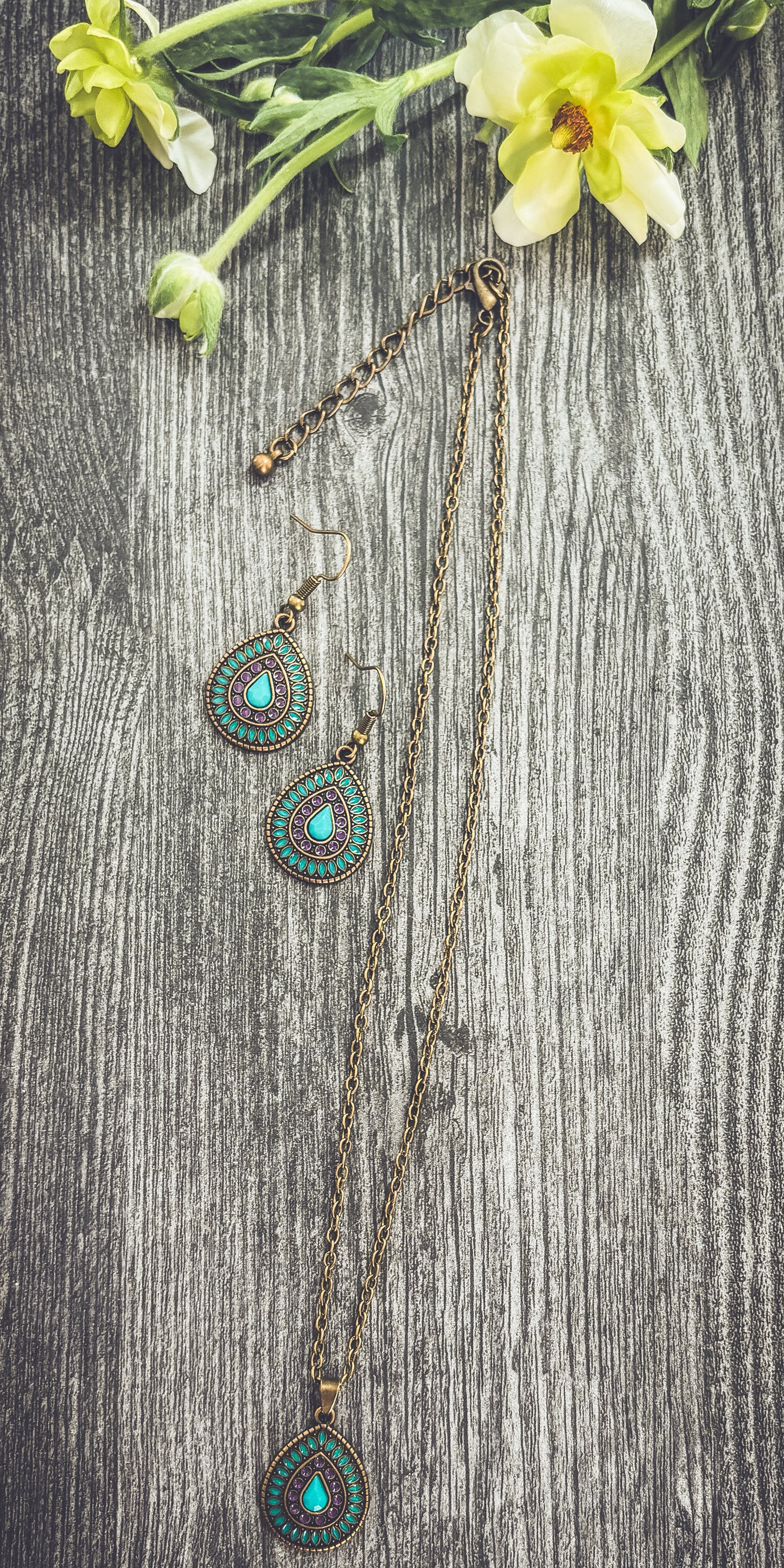 Beautiful Boho Turquoise and Purple Necklace and Earring Set