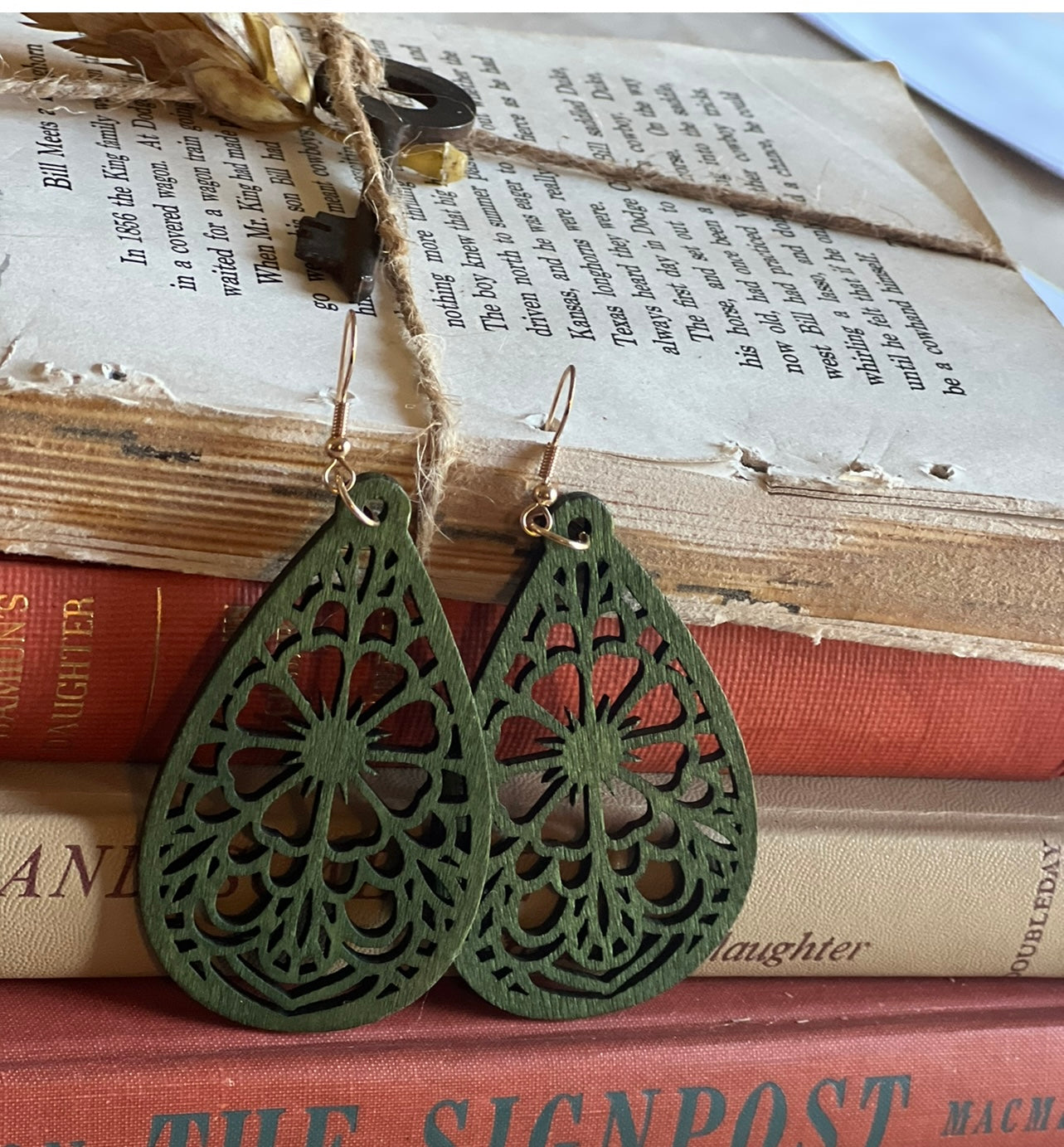 Beautiful Green Laser Cut Wood Floral Earrings