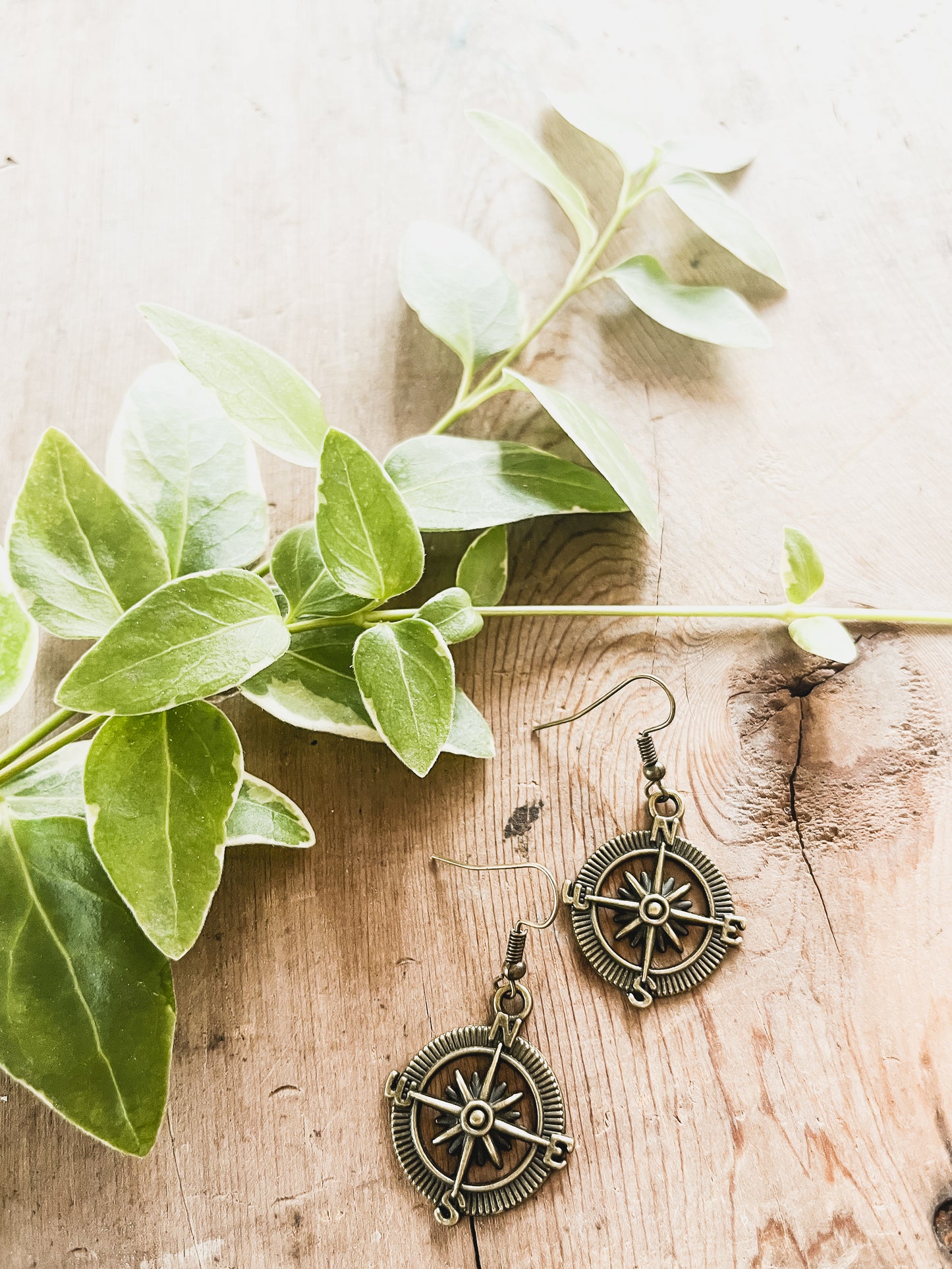 Beautiful Antique Finish Compass Earrings in Gold or Silver