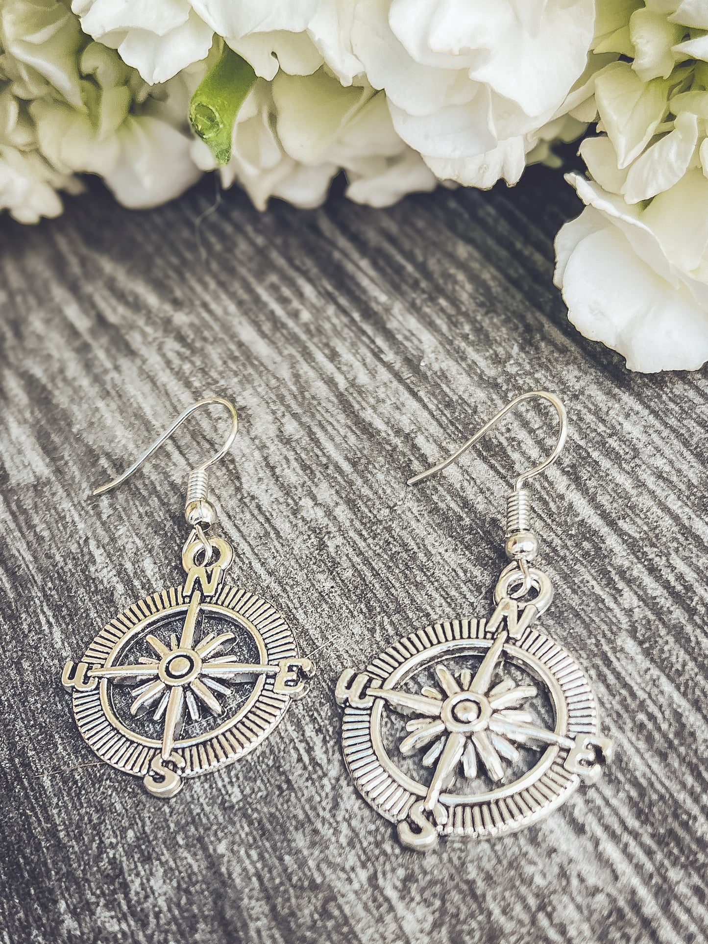 Beautiful Antique Finish Compass Earrings in Gold or Silver