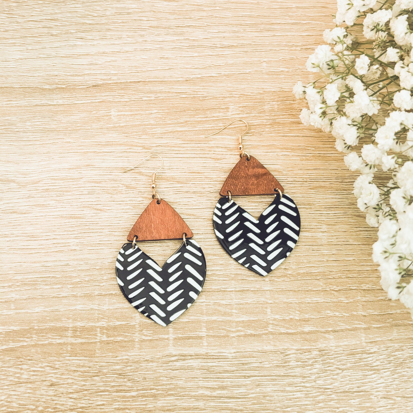 Beautiful Wood and Black and White Geometric Drop Earrings