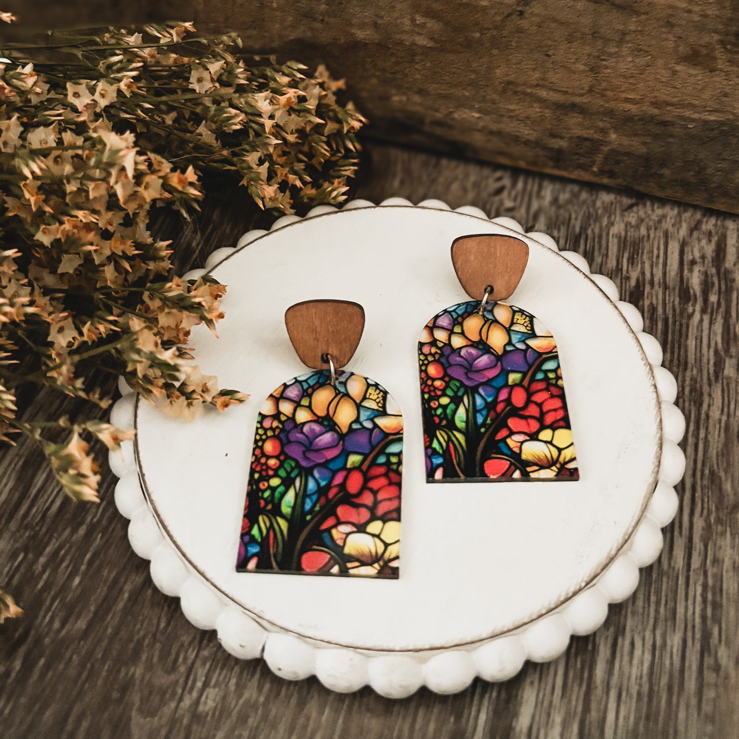 Beautiful Wood and Stained Glass Effect Earrings