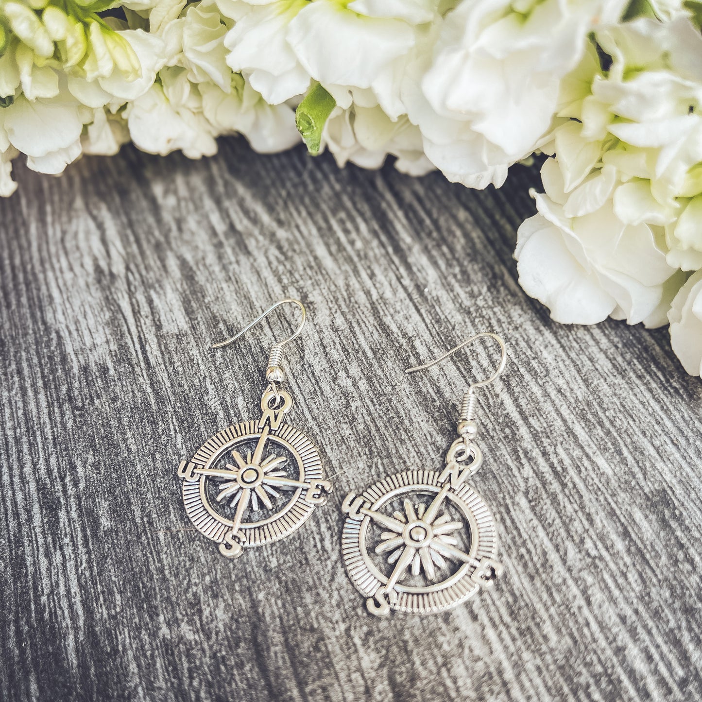 Beautiful Antique Finish Compass Earrings in Gold or Silver