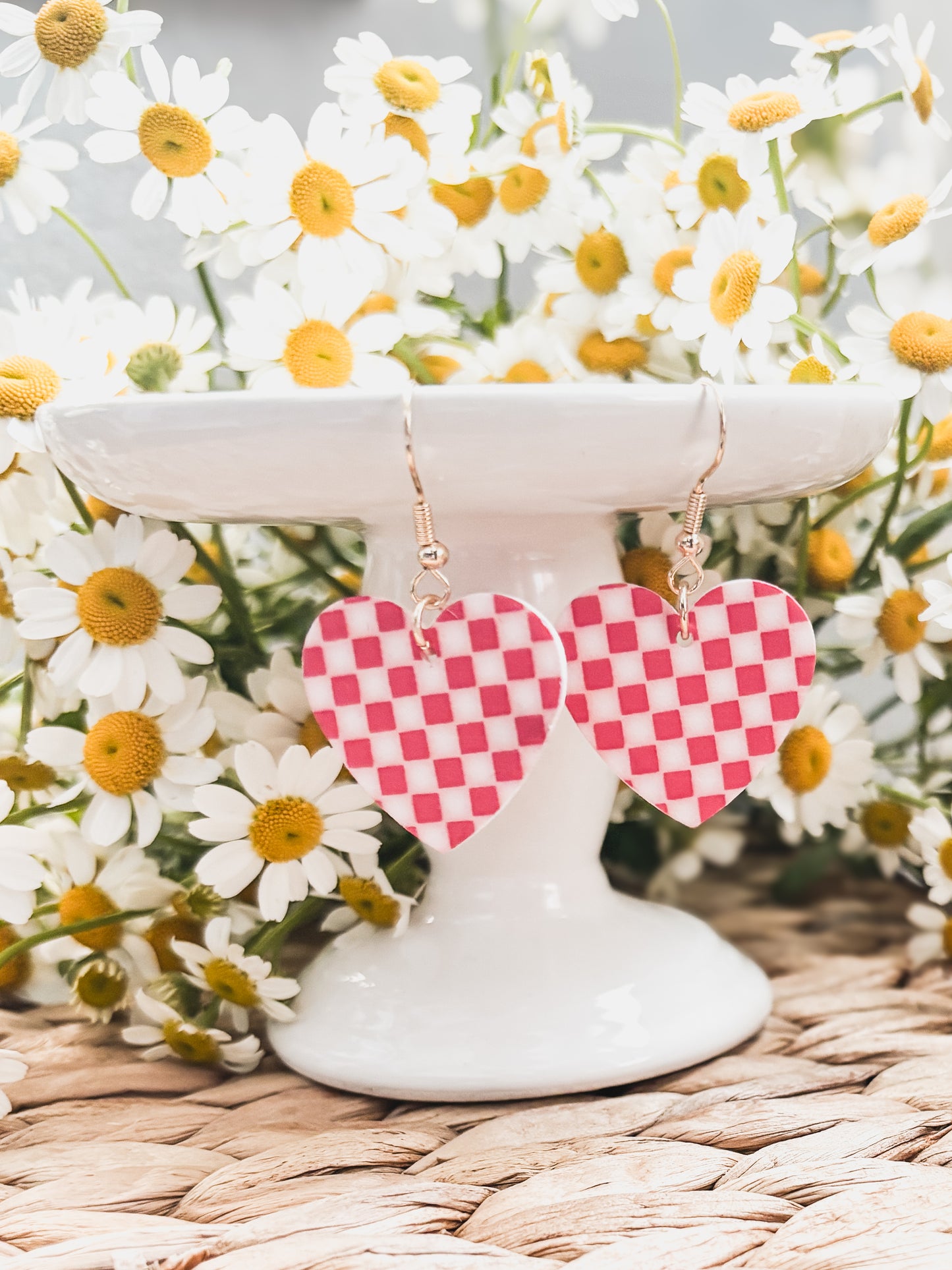 Adorable Red Checkered Heart Earrings