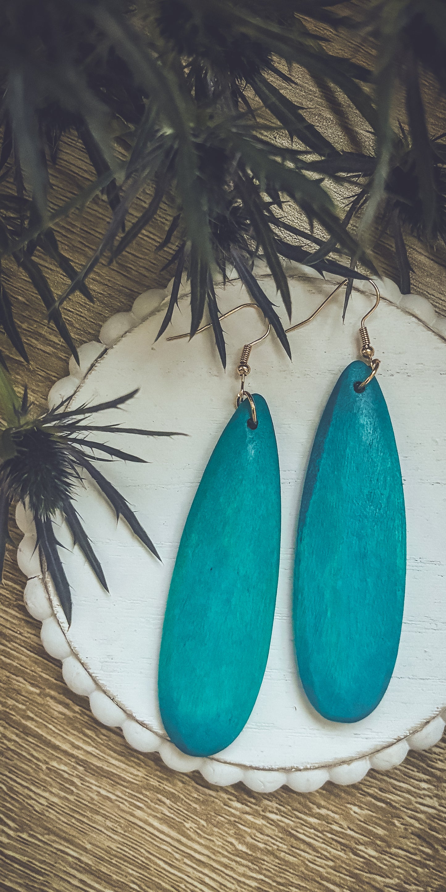 Beautiful Wooden Turquoise Drop Earrings