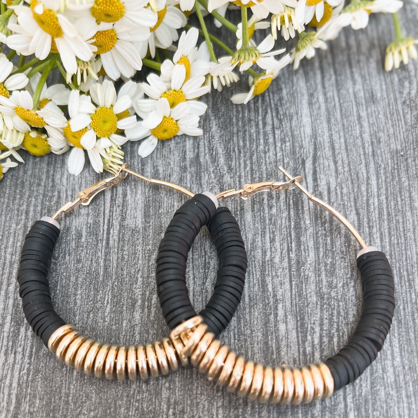 Beautiful Black and Gold Clay Hoops