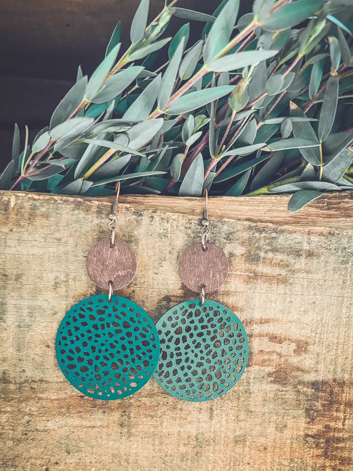 Beautiful Green Leather and Wood Earrings