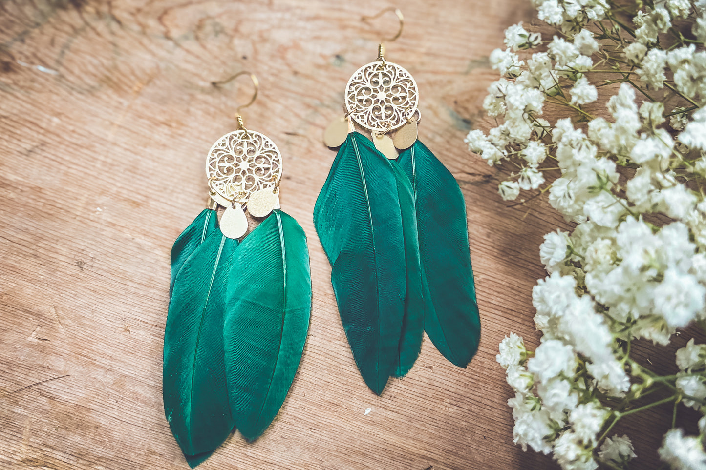 Beautiful Gold and Green Feather Earrings