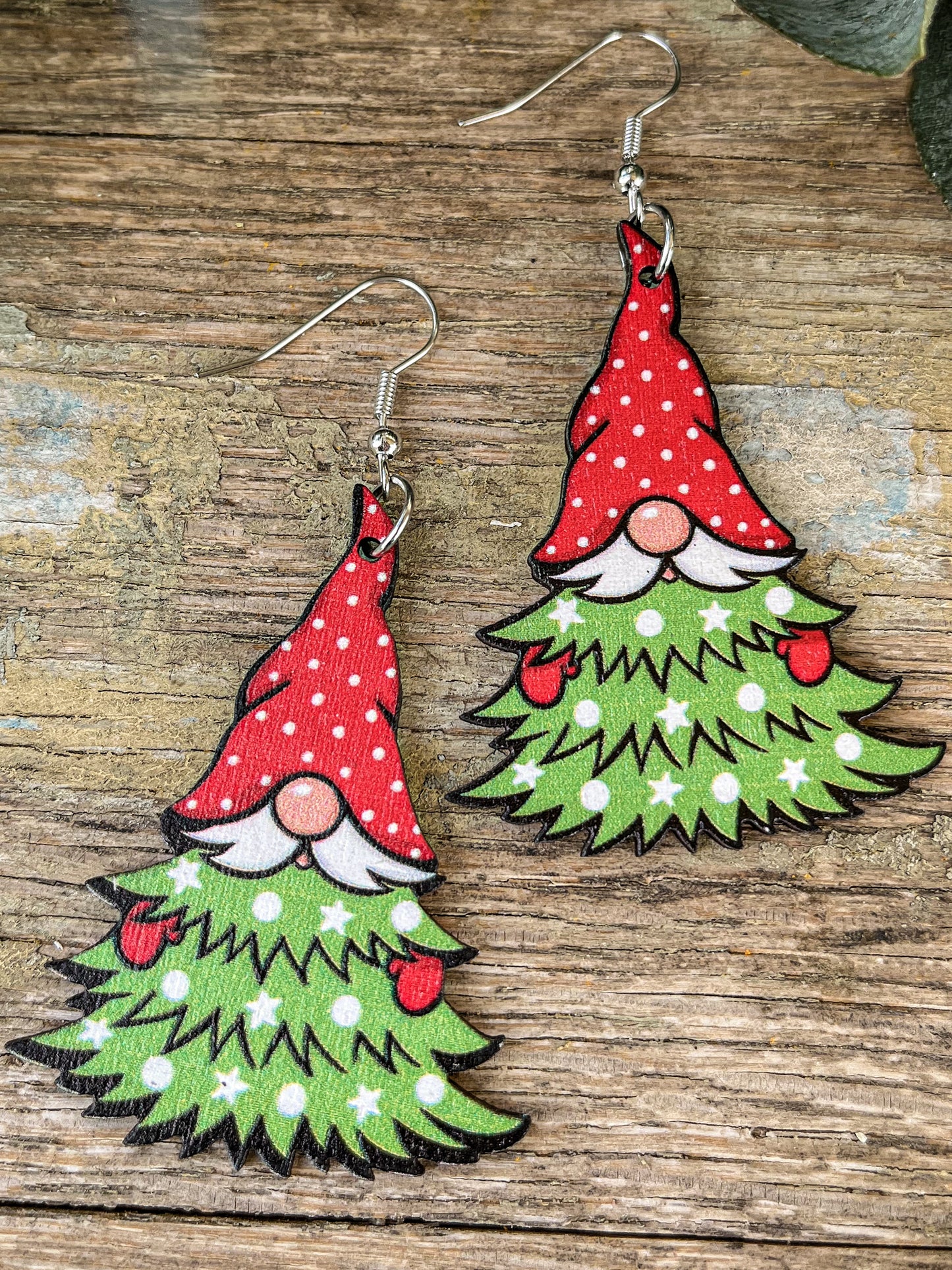 Adorable Gnome Christmas Tree Wooden Drop Earrings