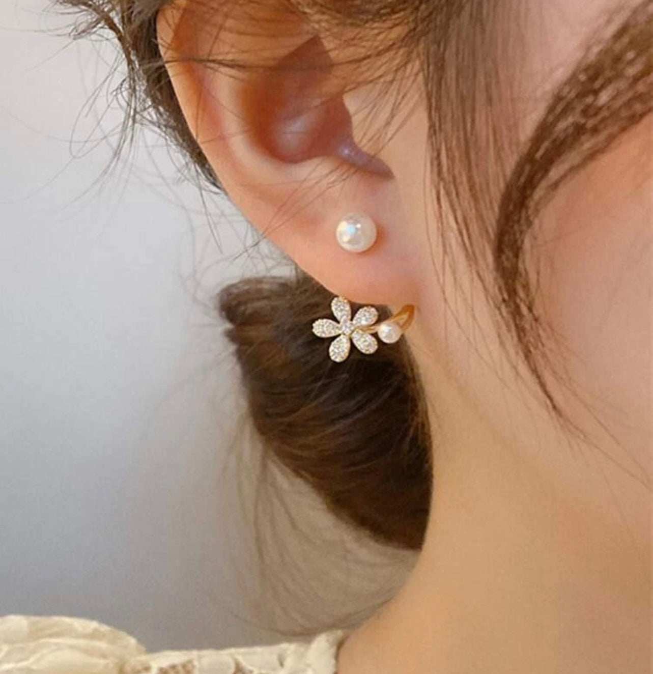 Beautiful Pearl and Crystal Flower Huggie Earrings