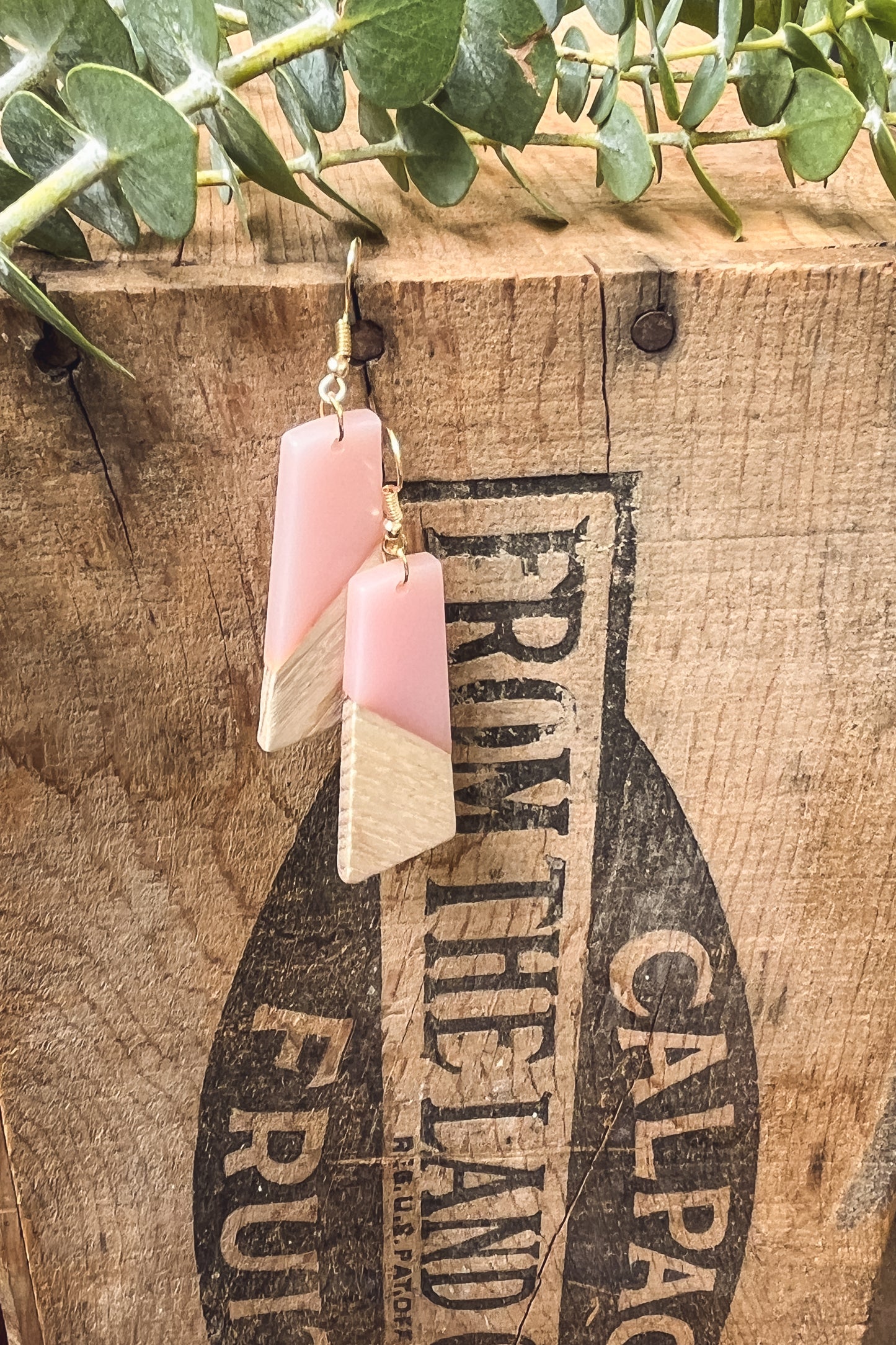 Beautiful Pink Resin and Wood Earrings