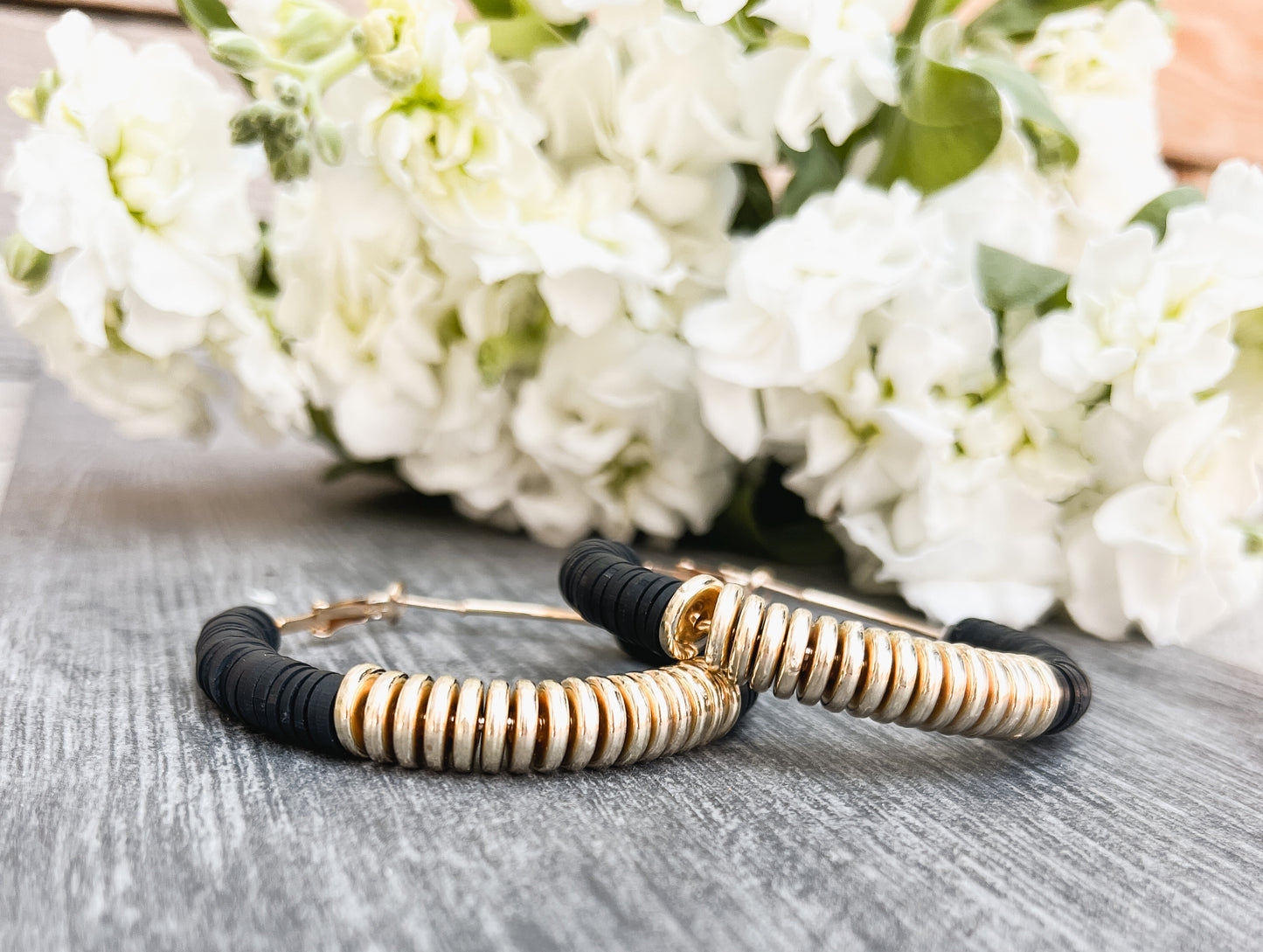 Beautiful Black and Gold Clay Hoops