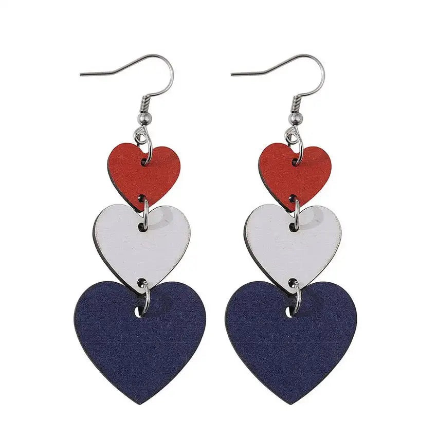 Beautiful Red, White, and Blue Wooden Heart Drop Earrings