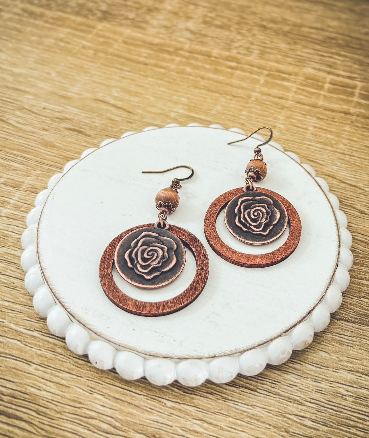 Beautiful Rustic Wood Rose Earrings