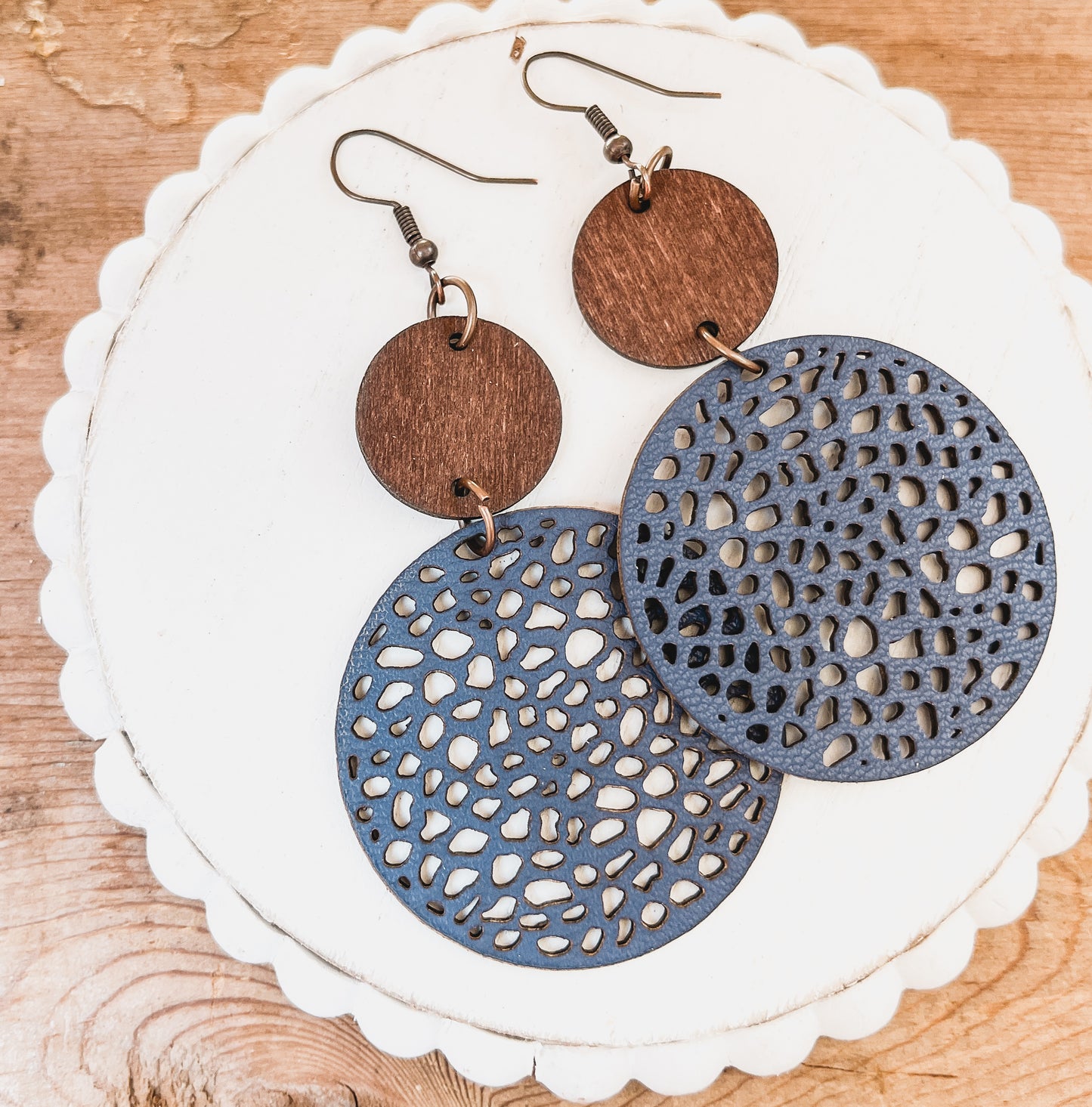 Beautiful Navy Blue Leather and Wood Earrings