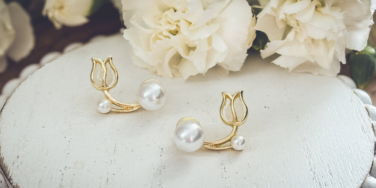 Beautiful Pearl and Tulip Flower Jacket Earrings