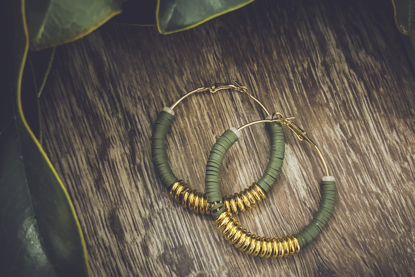 Beautiful Green and Gold Clay Hoops