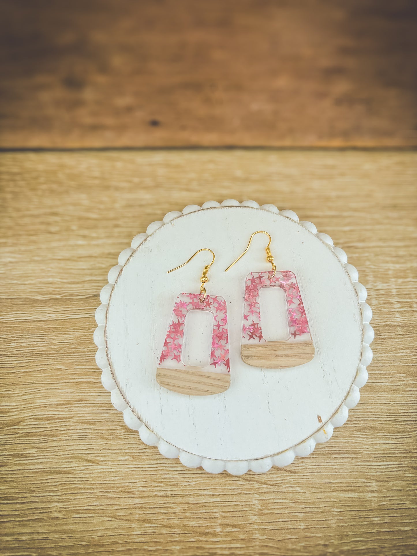 Beautiful Wood and Pink Fleck Resin Earrings