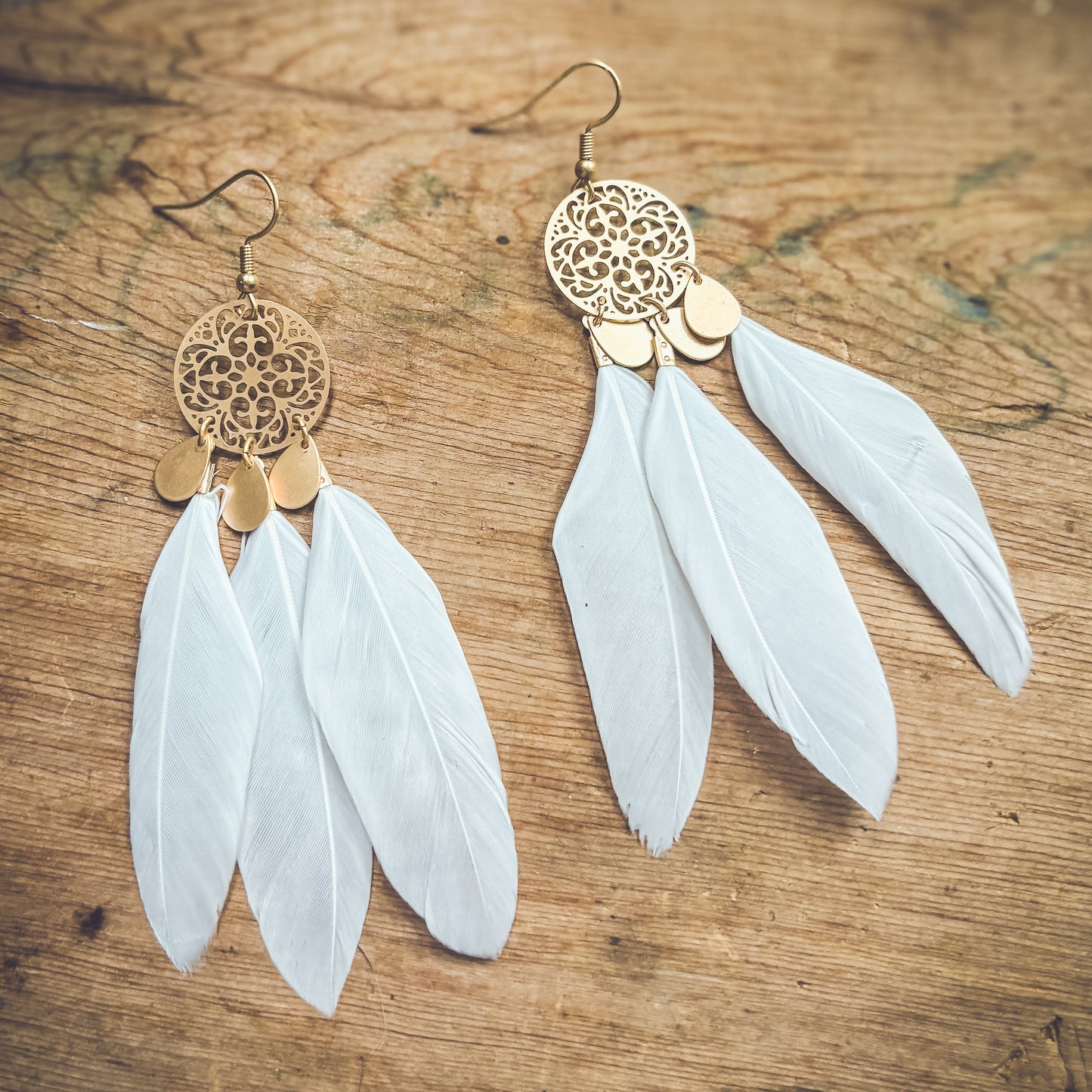 Beautiful Gold and White Feather Earrings