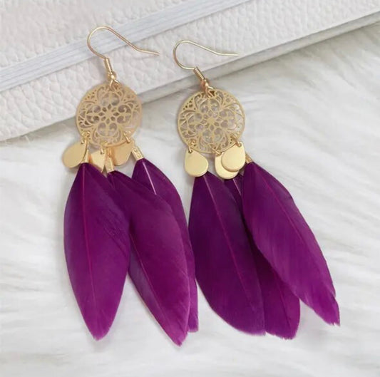 Beautiful Gold and Purple Feather Earrings