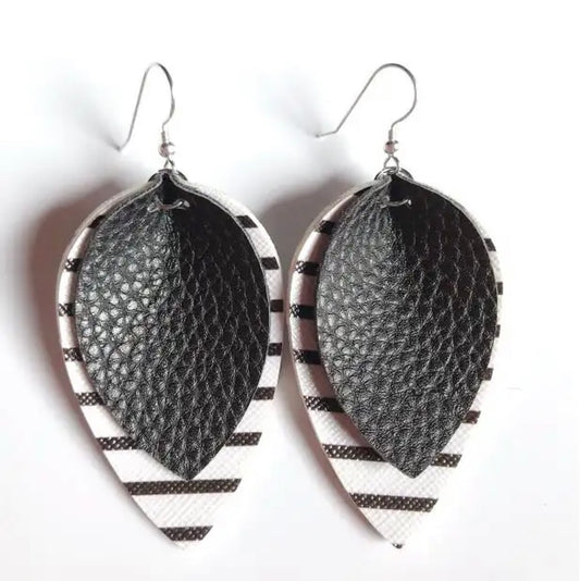 Black Striped Leather Drop Earrings