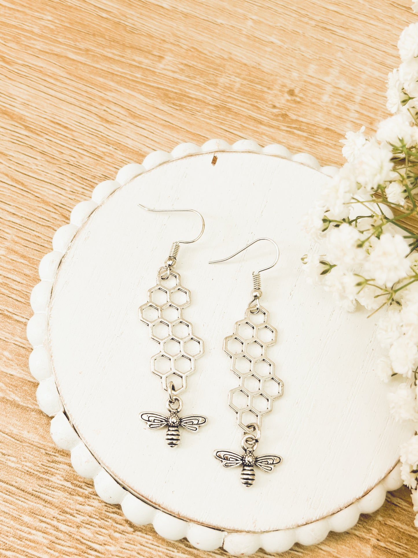 Gold or Silver Honeybee Honeycomb Earrings